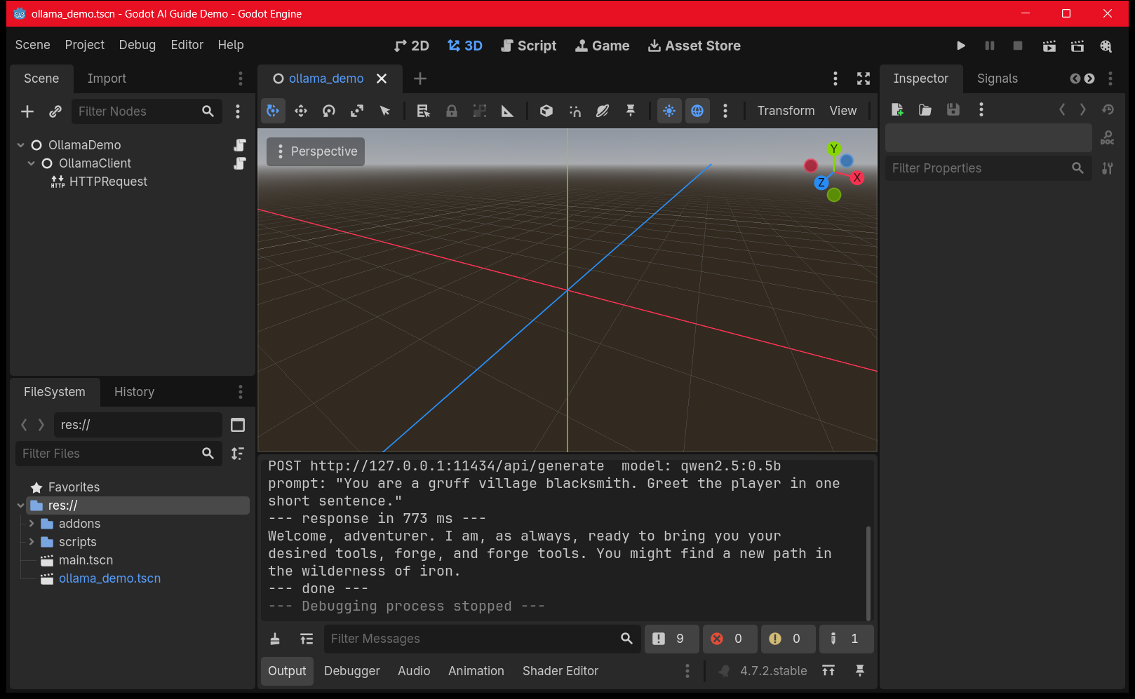 Godot 4.7 editor Output panel showing an HTTPRequest POST to a local Ollama endpoint at 127.0.0.1:11434 and the language model reply printed back in 773 milliseconds