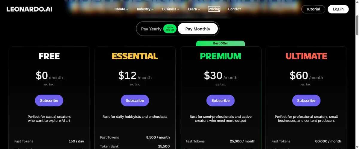 Leonardo AI pricing comparison showing the free plan and 150 daily fast tokens