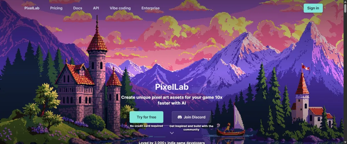 PixelLab AI pixel art generator homepage with a castle and mountain scene