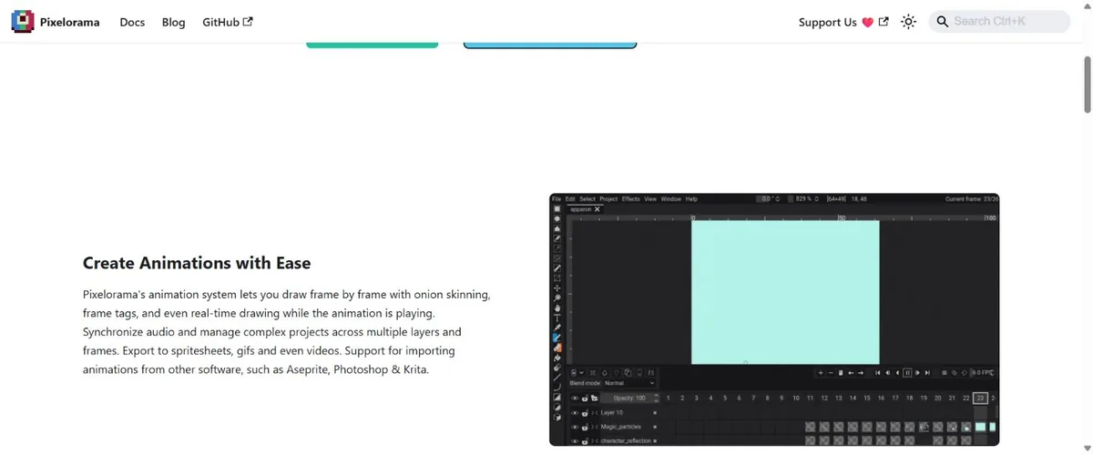 Pixelorama sprite animation editor demonstration showing layers and timeline frames