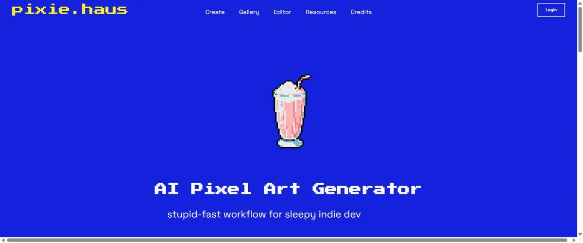 pixie.haus AI pixel art generator homepage with a pixel-art milkshake