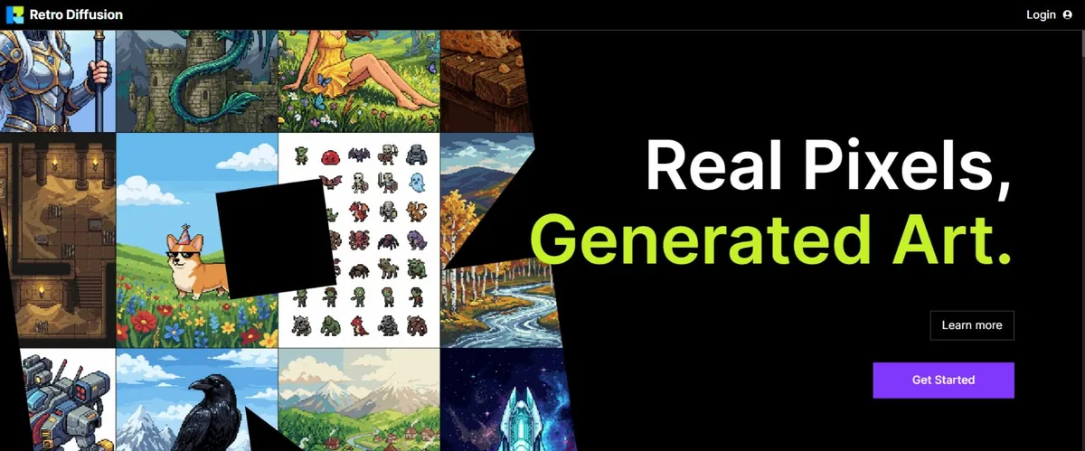 Retro Diffusion homepage showing pixel-art characters, environments, and game assets