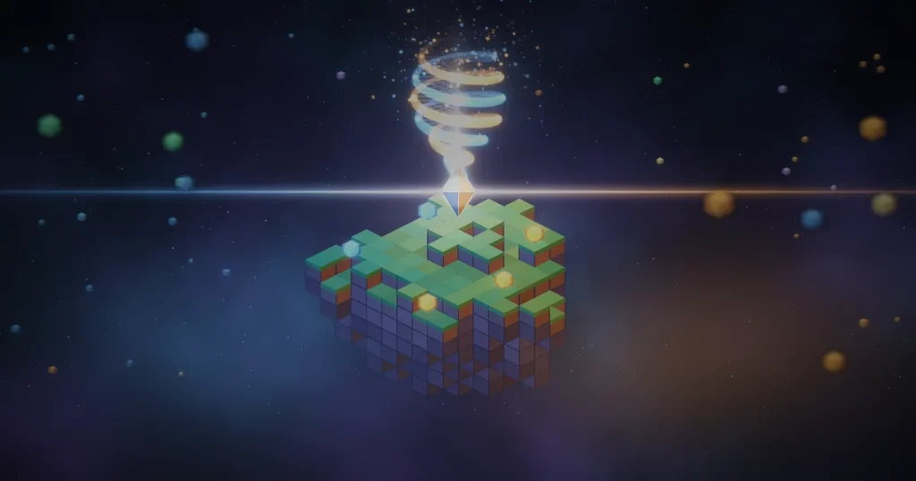 Abstract art: a floating voxel island lit blue from the left and orange from the right, with a split blue and orange gem at its center and a double helix of light rising from it.