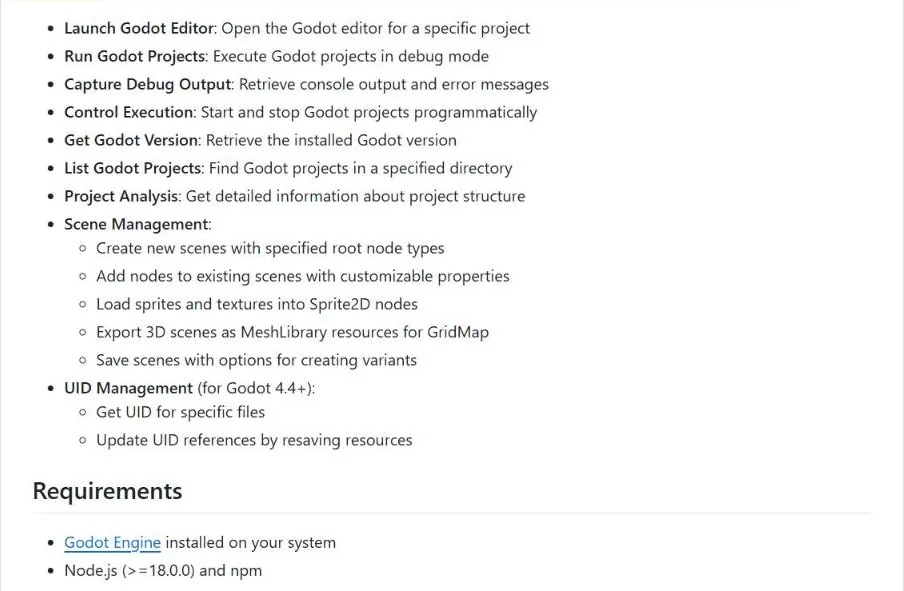 Godot MCP README listing tools to launch the Godot editor, run projects, capture debug output and manage scenes