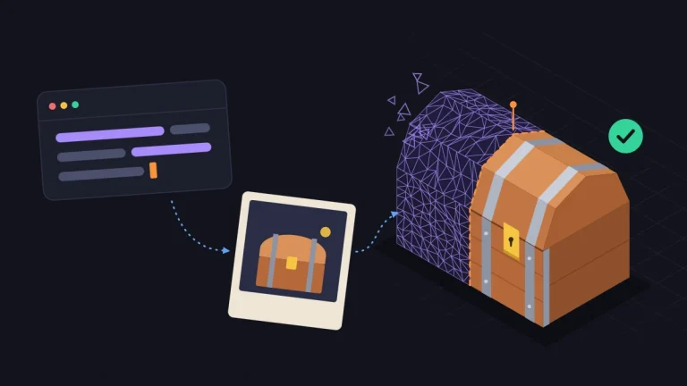 Text to 3D game assets illustration: a prompt becomes an image, then a treasure chest that is half messy AI triangle mesh and half clean low-poly game asset