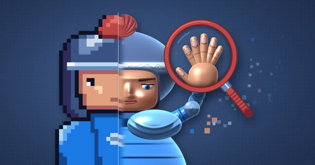 Pixel-art knight split down the middle: hand-placed pixels on the left, a glossy AI render on the right, its six-fingered hand under a red magnifying glass.