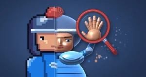 Pixel-art knight split down the middle: hand-placed pixels on the left, a glossy AI render on the right, its six-fingered hand under a red magnifying glass.