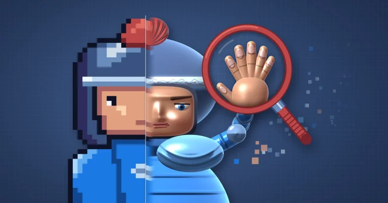 Pixel-art knight split down the middle: hand-placed pixels on the left, a glossy AI render on the right, its six-fingered hand under a red magnifying glass.